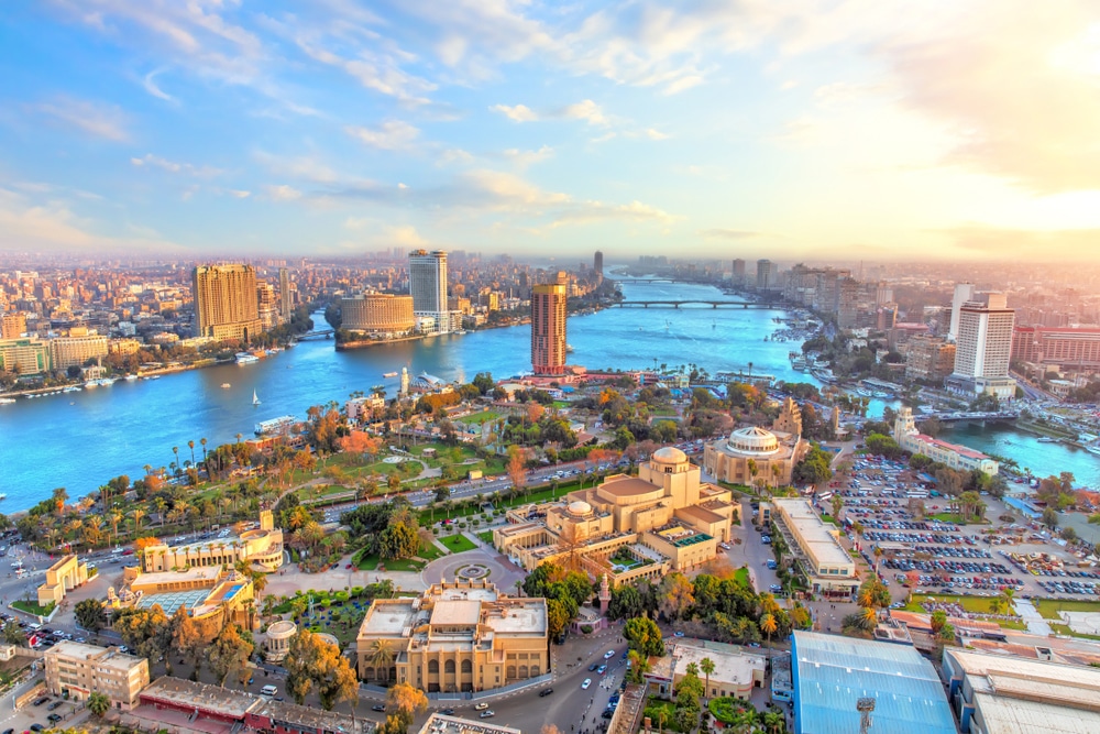 Cairo’s cityscape with the Pyramids and historic landmarks.