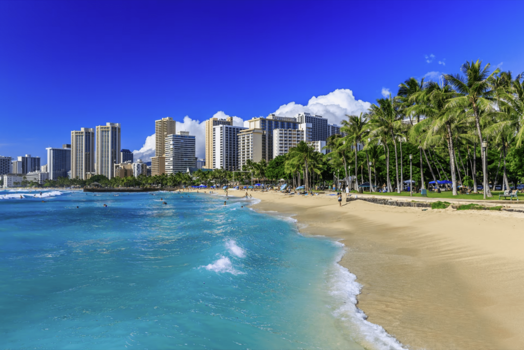 Honolulu’s cityscape with lush landscapes and beaches.