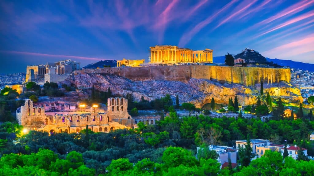 A panoramic view of the Acropolis in Athens, Greece.