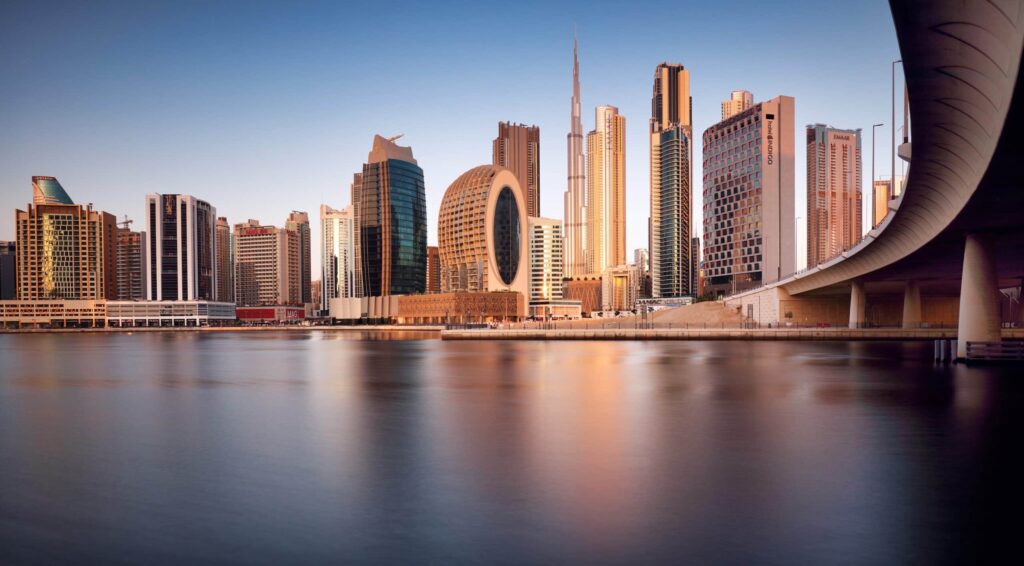 Skyline of Dubai with Burj Khalifa and waterfront views.