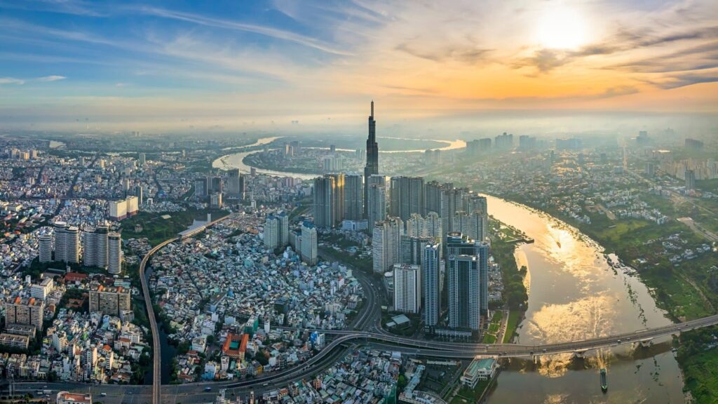 Panoramic view of Ho Chi Minh City with historic landmarks and bustling streets.