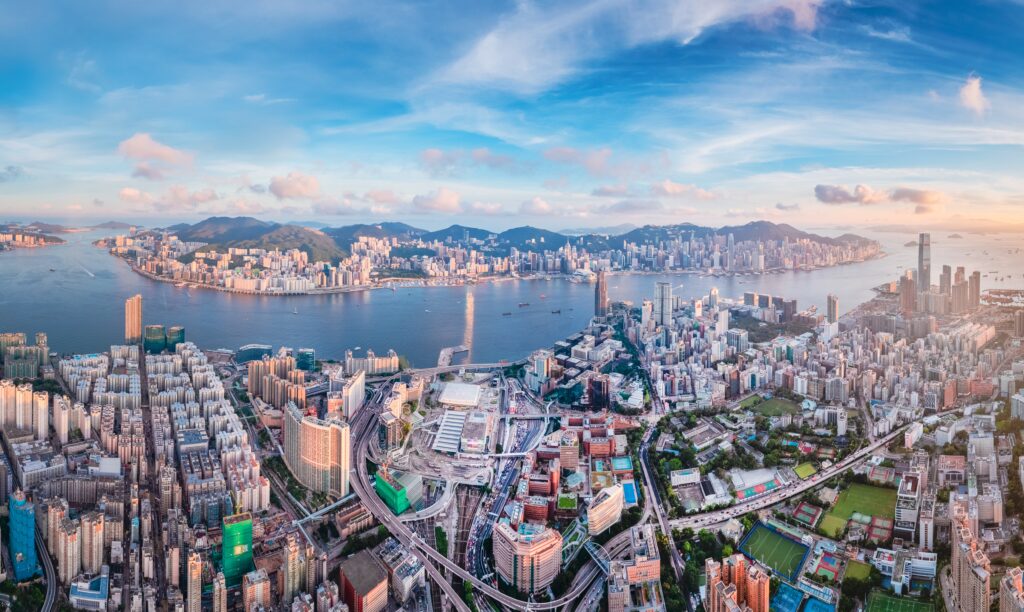 Panoramic view of Hong Kong's skyline with Victoria Harbour.